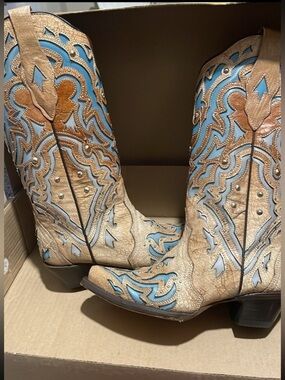 Corral Bone and Blue Inlay Studded Western Boots